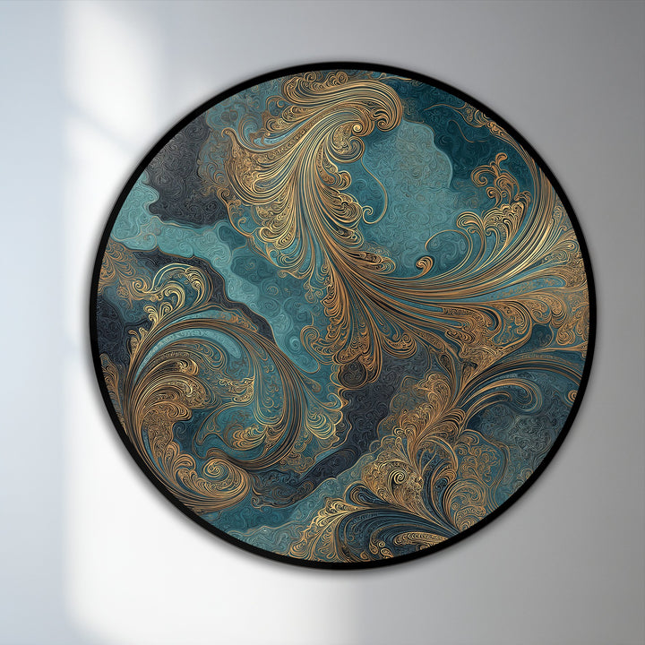 Gilded swirls define the loudest element in this 'Gilded Ocean Whispers' abstract teal round oil painting wall art with elegant filigree details.