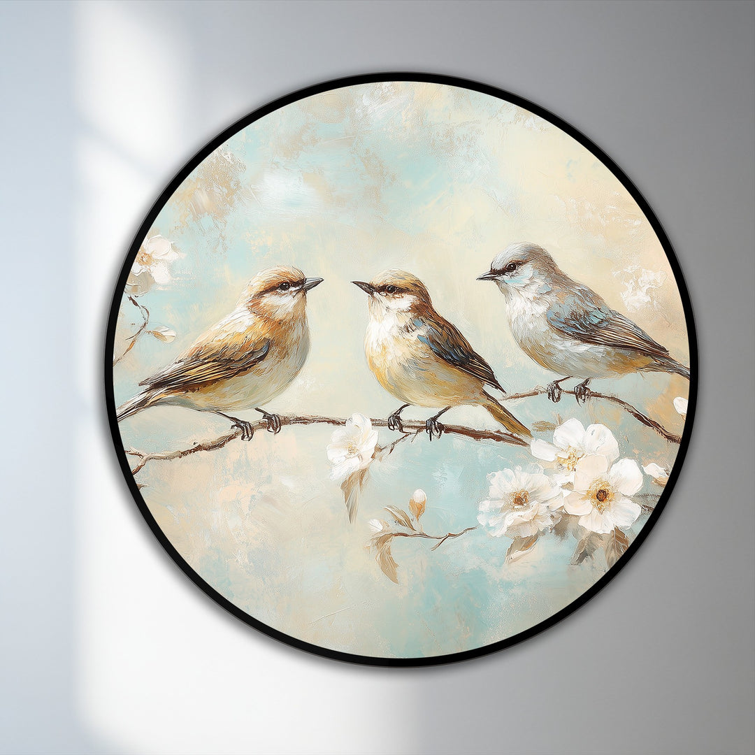Repeating the soft hues and avian subjects, the visual rhythm of this round oil painting artwork, 'Whispering Blossoms,' creates a soothing, harmonic scene.