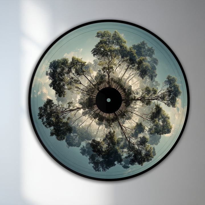 Warm color temperature highlights the radial forest perspective of this round oil painting, showcasing a modern oil painting art style with symmetry.