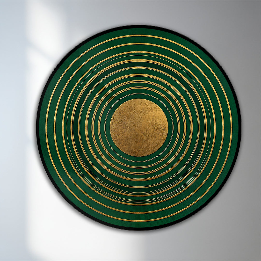 The meticulously rendered realistic detail showcases the rich texture of this emerald orbit rings oil painting artwork, featuring concentric golden bands and a central gilded circle.