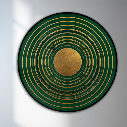 The meticulously rendered realistic detail showcases the rich texture of this emerald orbit rings oil painting artwork, featuring concentric golden bands and a central gilded circle.