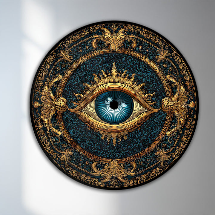 Striking color contrast defines this ornate round wooden modern oil painting art, highlighting the celestial guardian eye's gold embellishments against a deep blue backdrop.