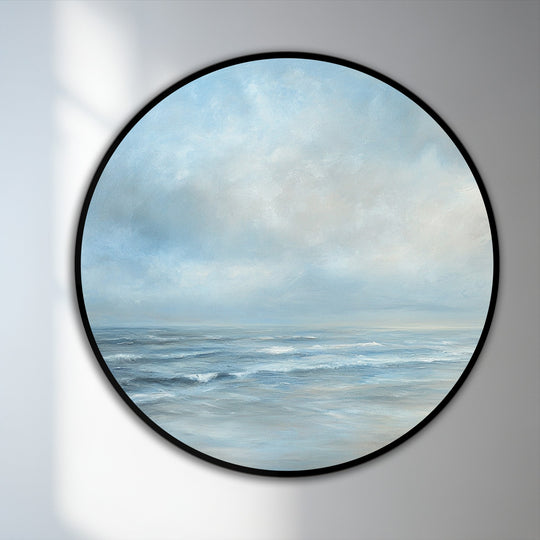 The focal point of this round oil painting showcases the soft, blurred brushstrokes that define the serene seascape in this coastal oil painting home decor piece.