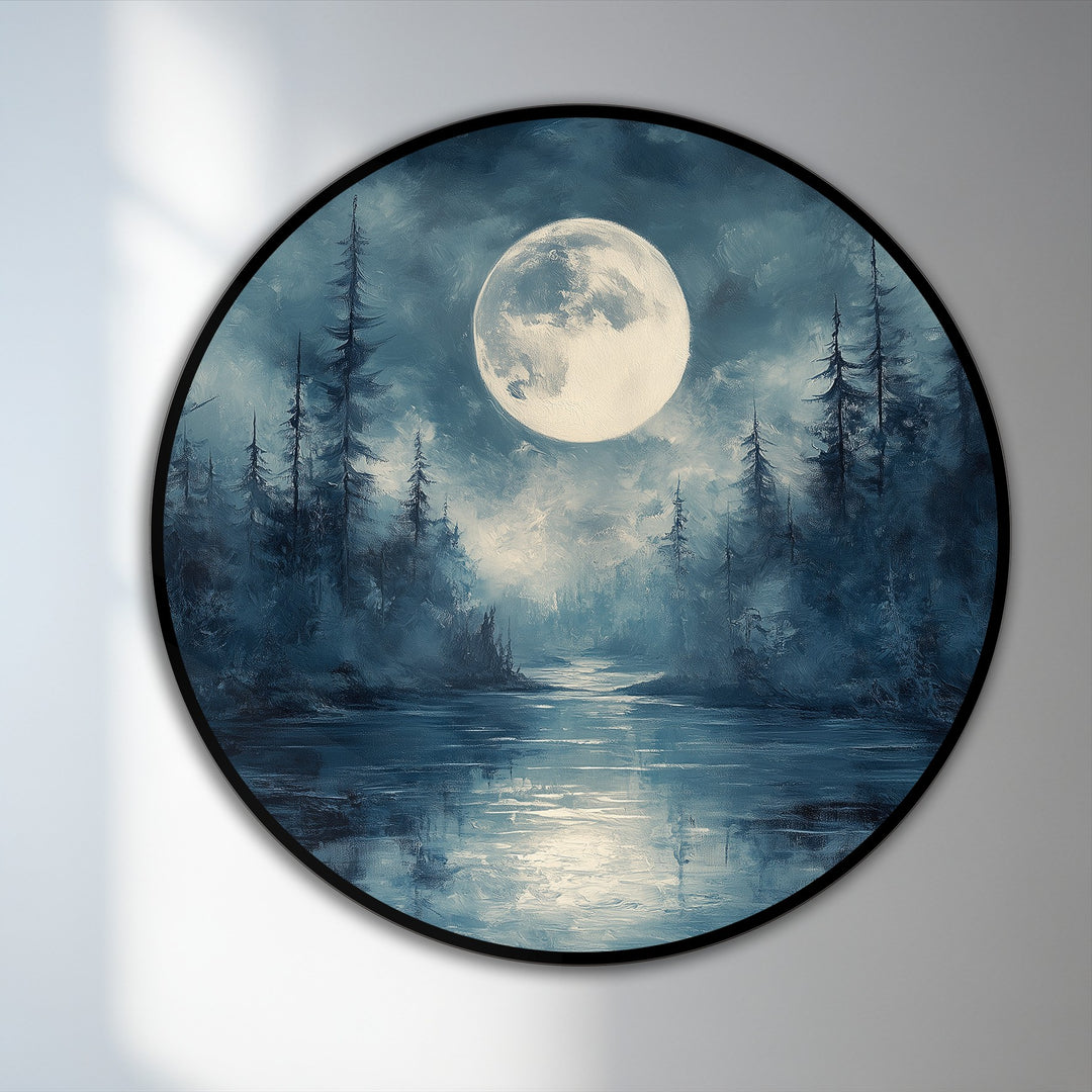 In the background, the full moon shines through the mist in this round oil painting art piece depicting a mystical forest night landscape.