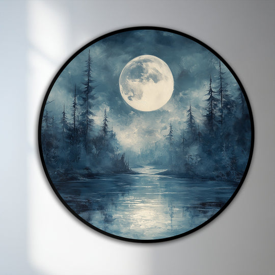 In the background, the full moon shines through the mist in this round oil painting art piece depicting a mystical forest night landscape.