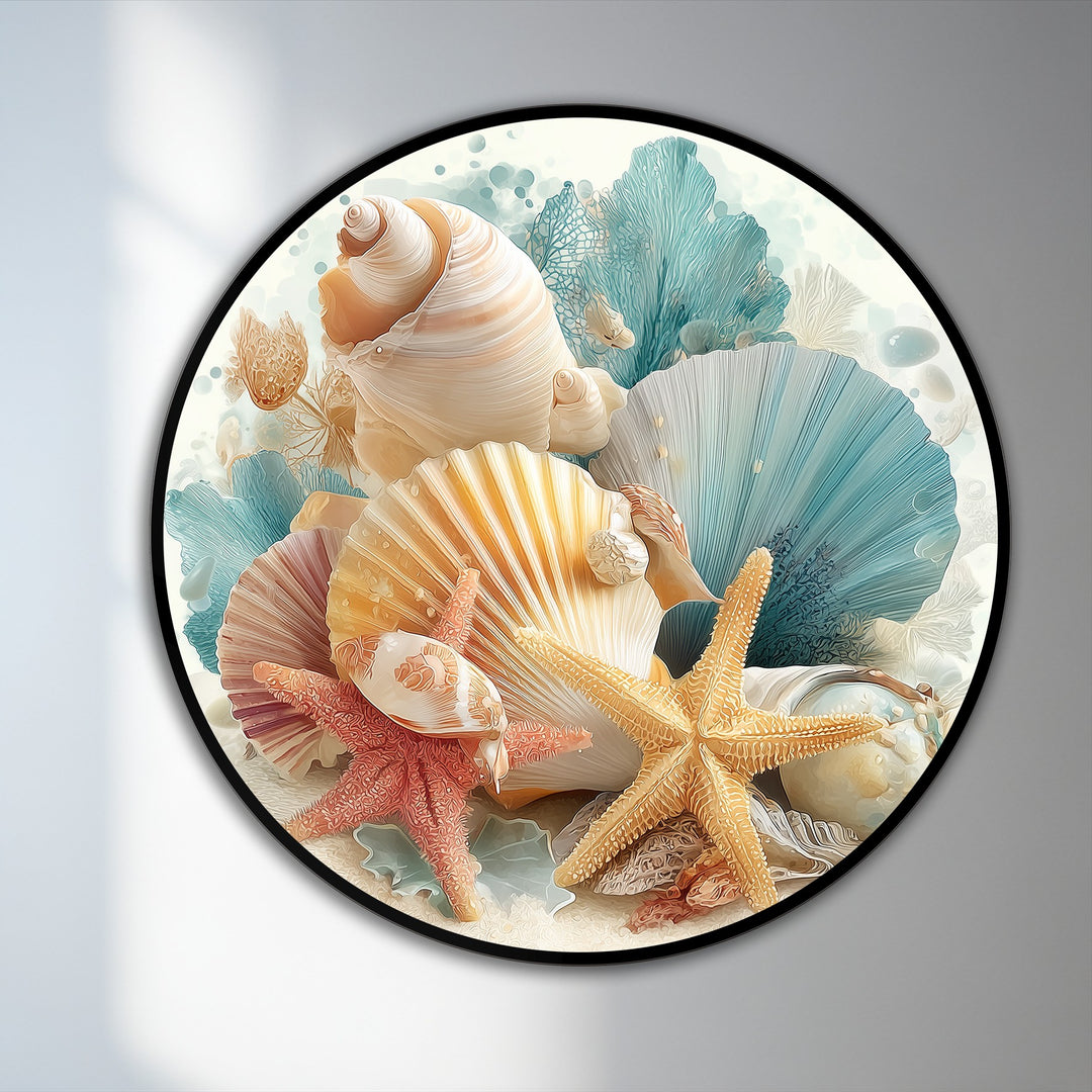 Swirling within this coastal shells round oil painting wall art, a sense of gentle ocean currents is evoked through the arrangement of starfish and shells.
