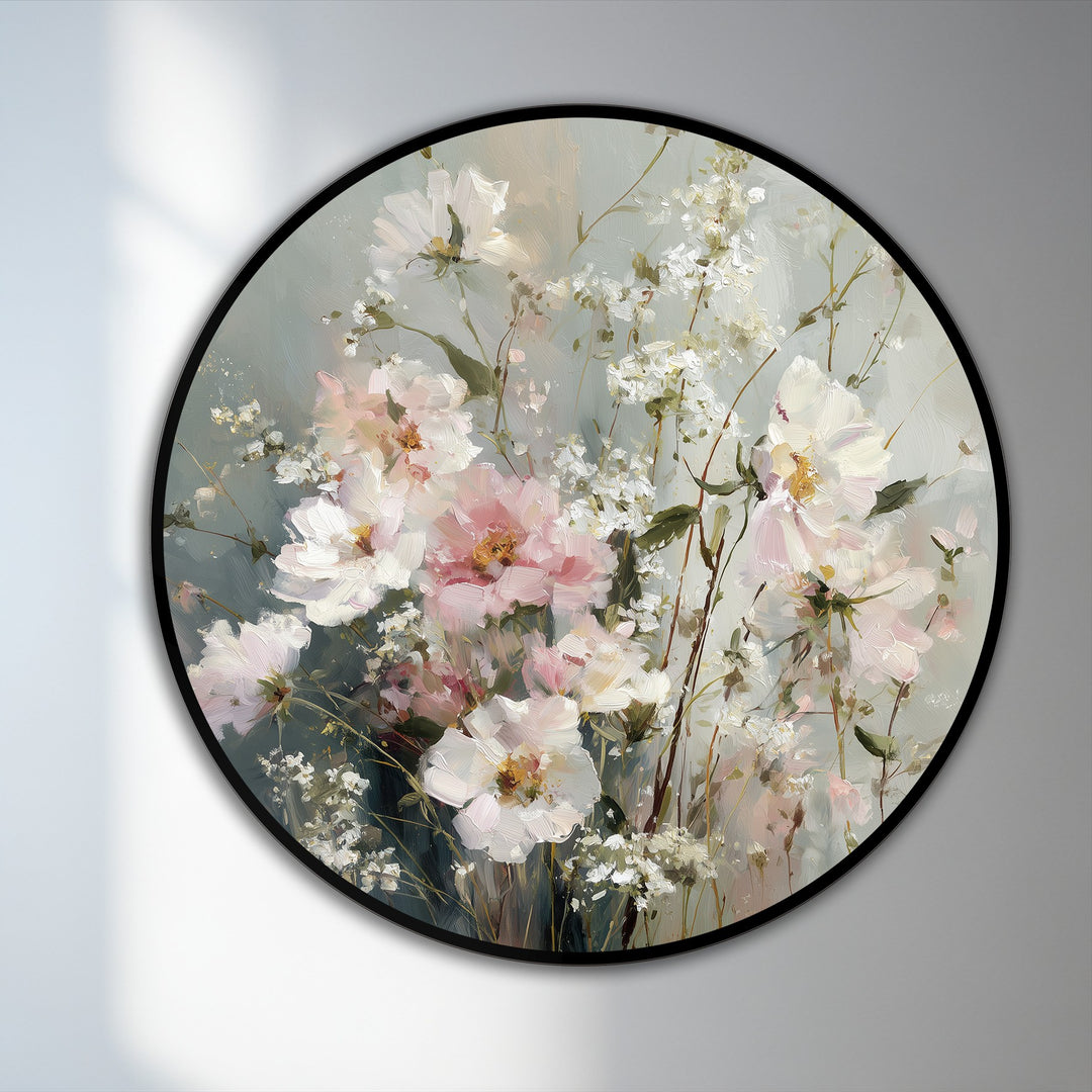 Delicate floral brushstrokes define the softest element of this round oil painting wall art, showcasing an elegant display of pastel wildflowers in bloom.