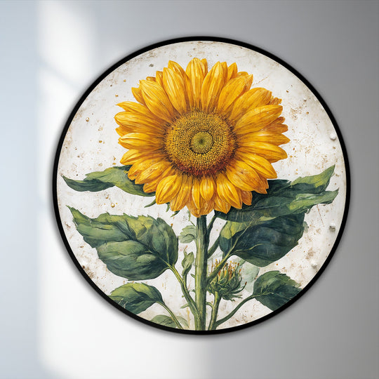 The rustic finish accentuates the charm of this golden radiance sunflower botanical round oil painting art prints.