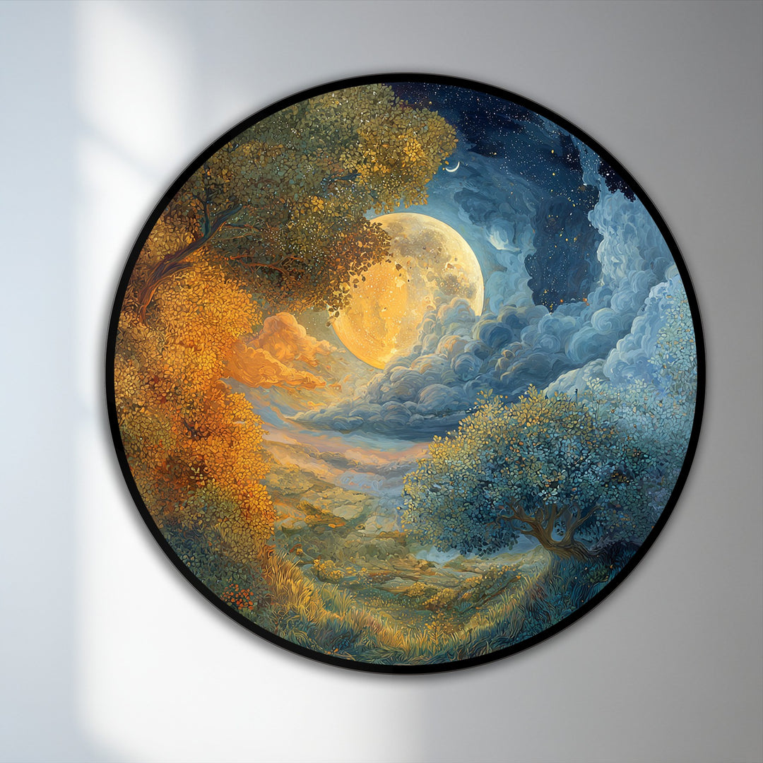 In the background, a luminous full moon and swirling clouds enhance this round oil painting decoration, depicting a dreamlike celestial landscape.