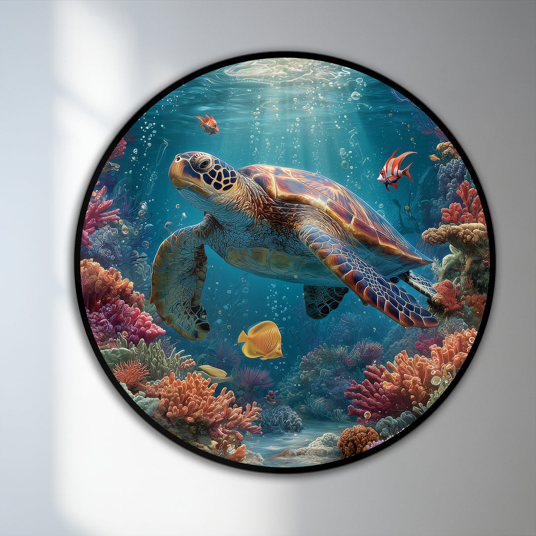 Bright negative space surrounds a captivating circular oil painting art prints of a graceful sea turtle swimming serenely among colorful coral reefs.