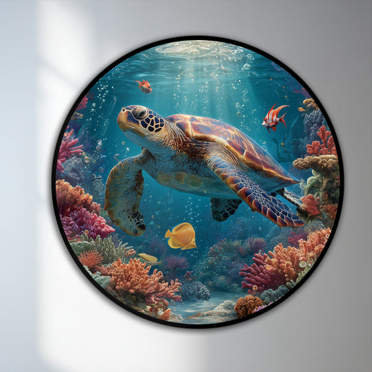 Bright negative space surrounds a captivating circular oil painting art prints of a graceful sea turtle swimming serenely among colorful coral reefs.