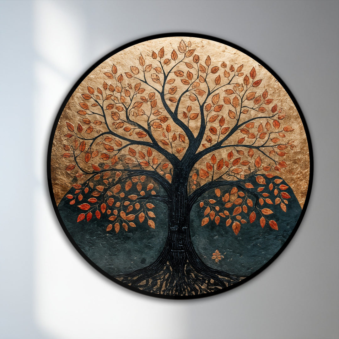 The focal point highlights the textured trunk of the eternal roots autumn tree in this oil painting art prints piece, surrounded by a circular design with golden leaves.