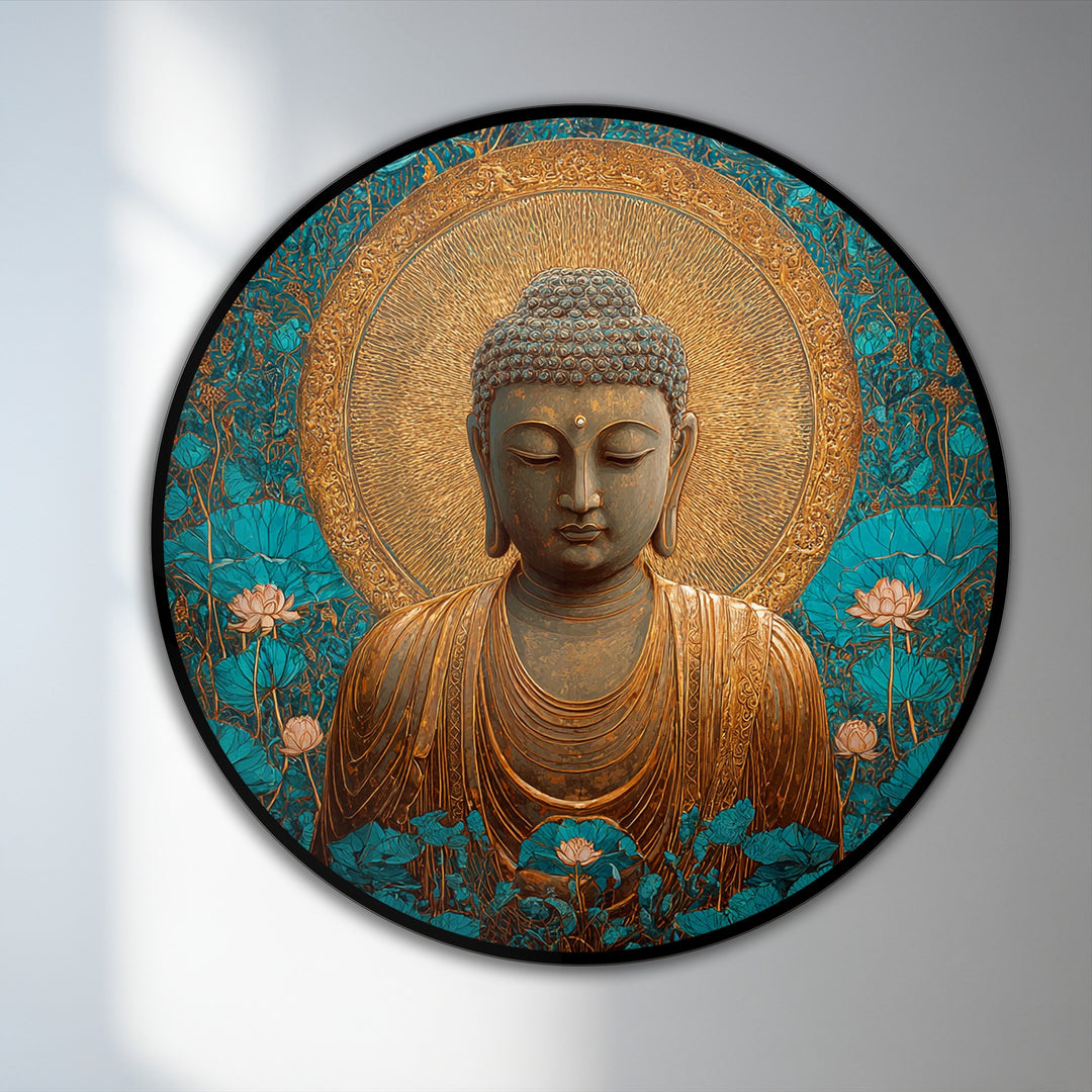 Foreground lotus flowers highlight the sacred nature of this round golden Buddha oil painting artwork, evoking tranquility.