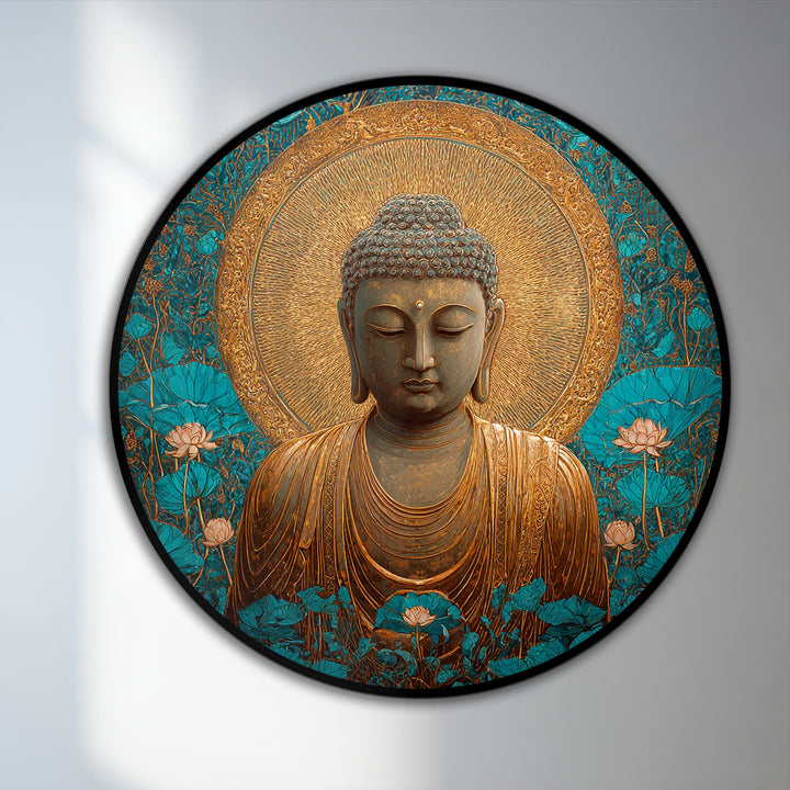 Foreground lotus flowers highlight the sacred nature of this round golden Buddha oil painting artwork, evoking tranquility.