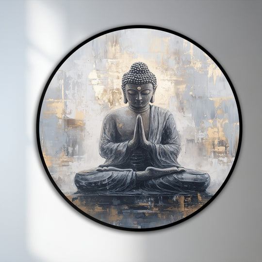 Textured with grey and gold hues, the serene background enhances the Sacred Serenity meditating Buddha round oil painting wall art.