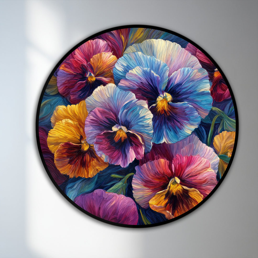 The darkest area of this round, vibrant pansy bloom showcases brushstrokes adding depth to this oil painting wall art with layered colorful petals.