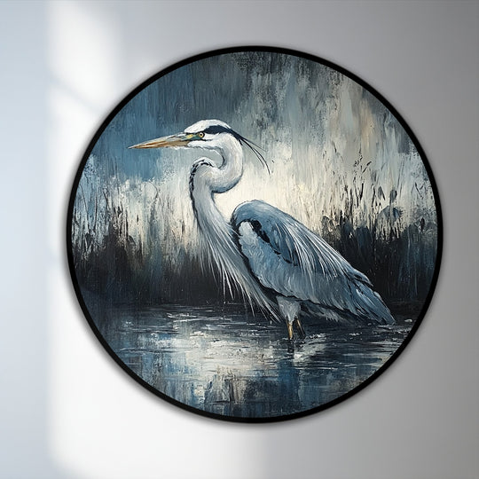 Subtle brushstrokes capture the heron's stillness amid the suggested movement in the waters, a tranquil moment portrayed in this elegant oil painting wall art.