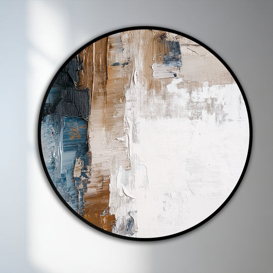 Visual rhythm is achieved in this textured abstract round oil painting with its bold color blocks creating a striking example of modern oil painting art.
