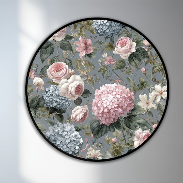 Softly painted roses and hydrangeas are the focal point of this romantic floral round oil painting decoration, a vintage-inspired piece of fine art.