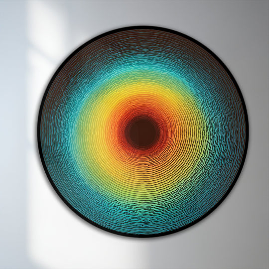 Vibrant color contrast defines this radiant, abstract round oil painting home decor, featuring concentric circles pulsating from deep browns to brilliant yellows.