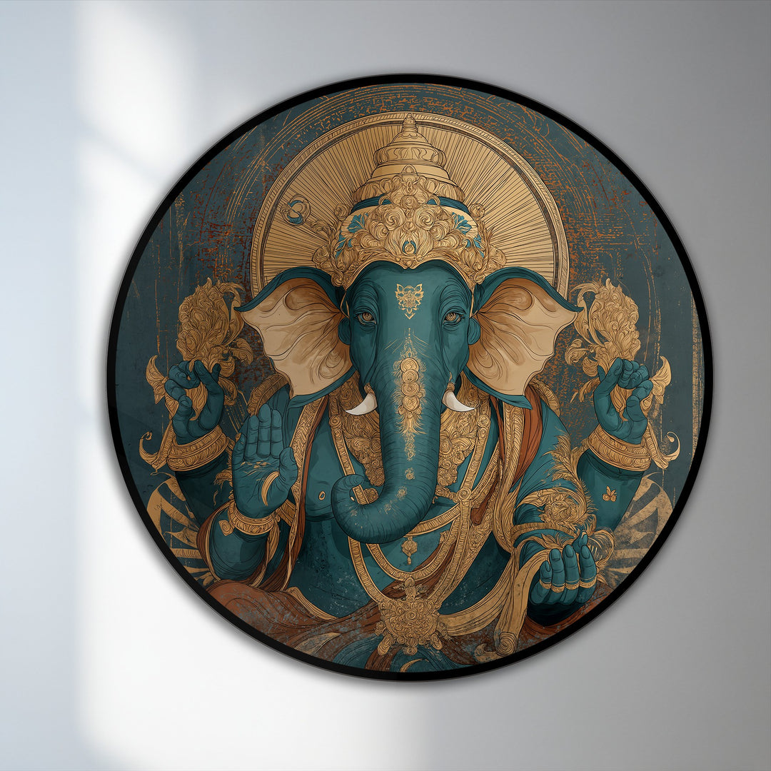 Shadowing the intricately detailed round oil painting reproduction print, the darkest area highlights the majestic turquoise Ganesha's divine power.