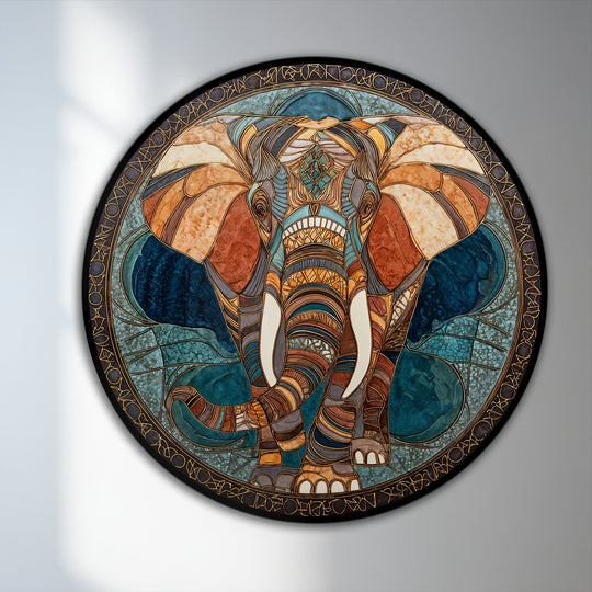 Featuring striking color saturation, this round oil painting art prints presents a mosaic-style geometric elephant exhibiting an intricate and ornate design.