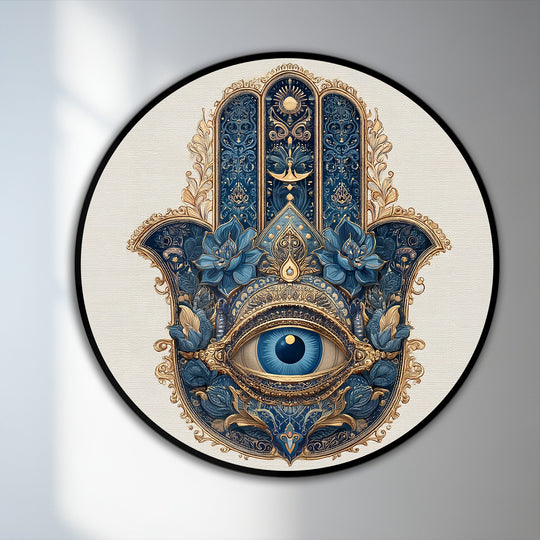 Mystical mood emanates from this modern oil painting art print featuring an ornate, spiritual Hamsa vision with royal blue and golden accents.
