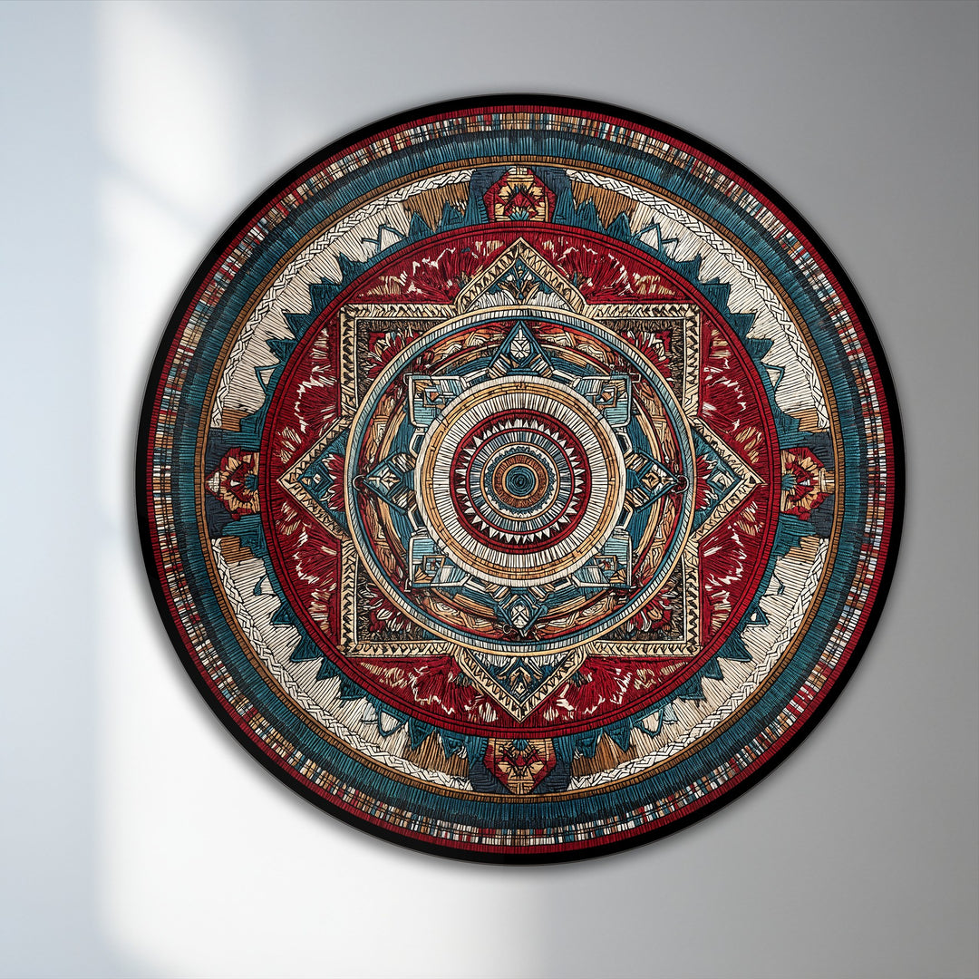 Featuring a striking blend of red and blue hues, this ornate geometric mandala represents a stunning example of modern oil painting art.