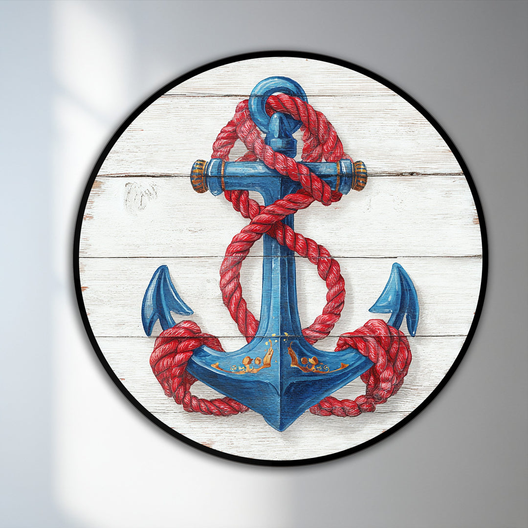 Layers of red rope overlap the blue anchor in this nautical oil painting, creating depth within this modern oil painting art.