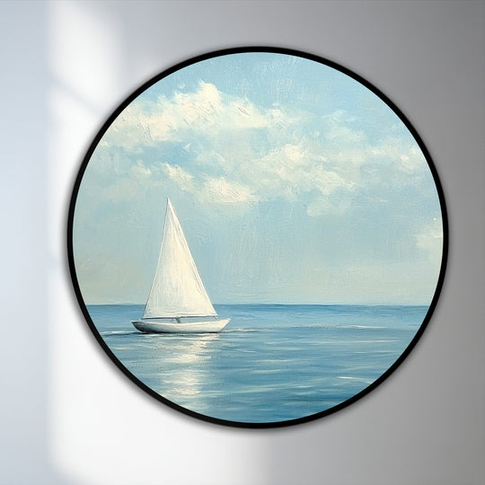As the central subject of this serene oil painting wall art, I'm a sailboat gliding on a calm sea, rendered in minimalist style with gentle reflections.