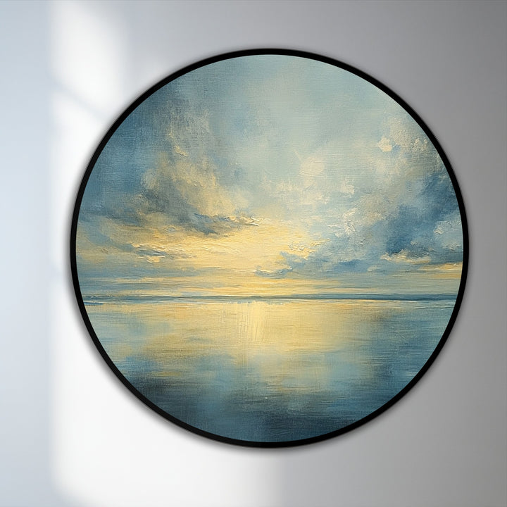 Transitioning shades define the horizon in this round oil painting, a golden stillness reflected as part of this stunning oil painting home decor.