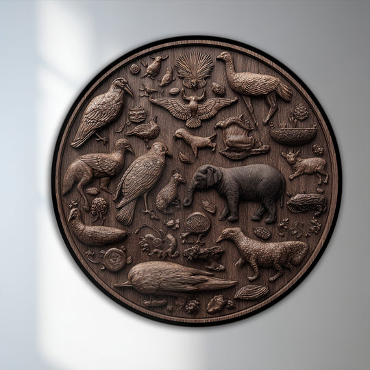 Intricate wildlife relief carvings on wood showcase amazing depth and layers in this rustic oil painting art piece, a mesmerizing nature scene transformed into a three-dimensional design.