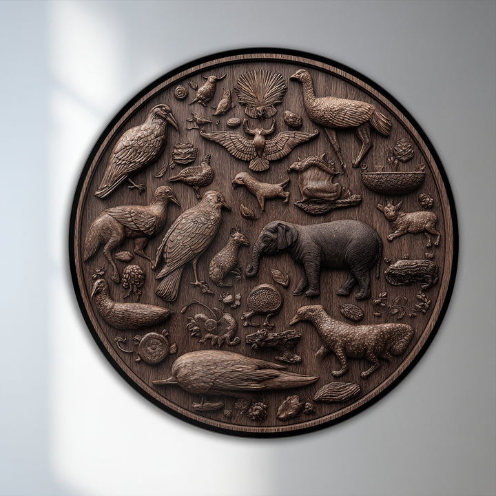 Intricate wildlife relief carvings on wood showcase amazing depth and layers in this rustic oil painting art piece, a mesmerizing nature scene transformed into a three-dimensional design.