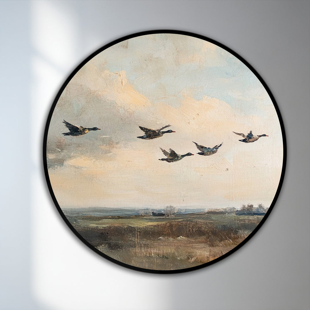 With wings in full motion, this vintage flying ducks round oil painting shows the beautiful energy of birds in flight, making it a charming oil painting home decor choice.