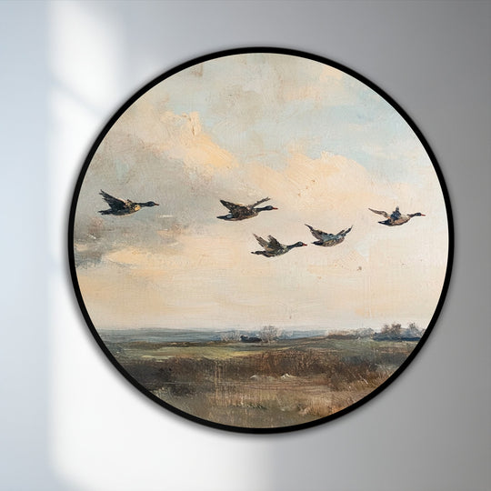 With wings in full motion, this vintage flying ducks round oil painting shows the beautiful energy of birds in flight, making it a charming oil painting home decor choice.