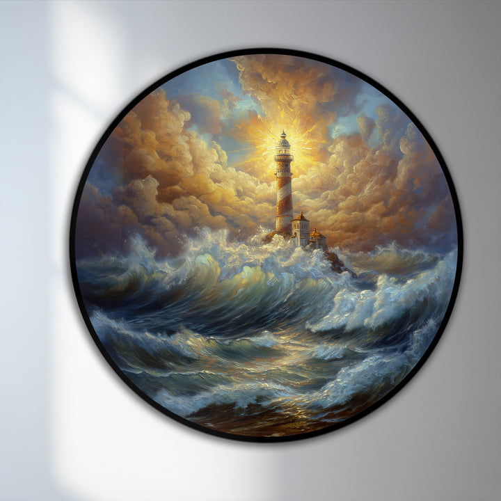 Round, horizontally-oriented oil painting featuring an oil painting reproduction print of a radiant lighthouse amidst a stormy sea under a dramatic sky.