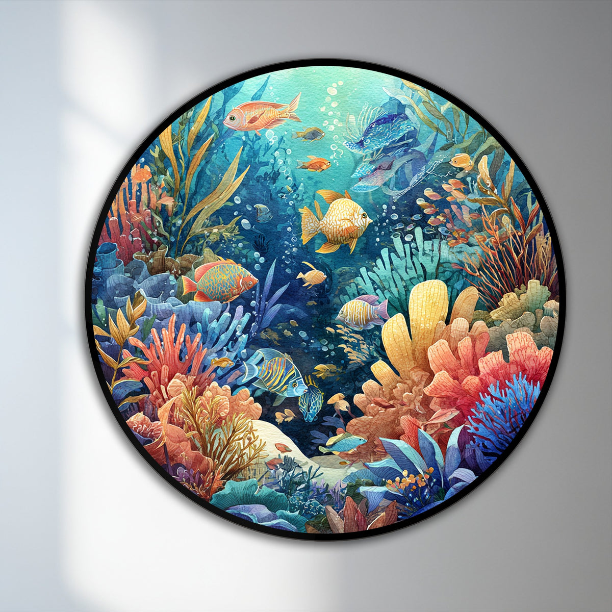 The realistic detail showcases this vibrant coral reef with tropical fish round oil painting artwork, full of life and colorful underwater scenes.