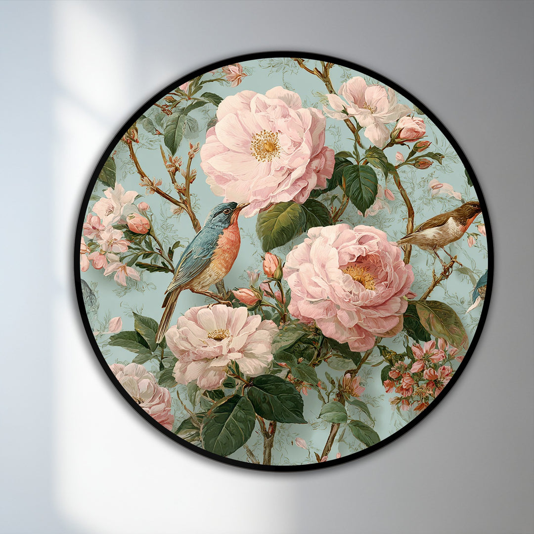 The realistic detail showcases the Blossoming Garden with Songbirds round oil painting decoration, highlighting the delicate brushstrokes of each pink blossom and detailed feather.