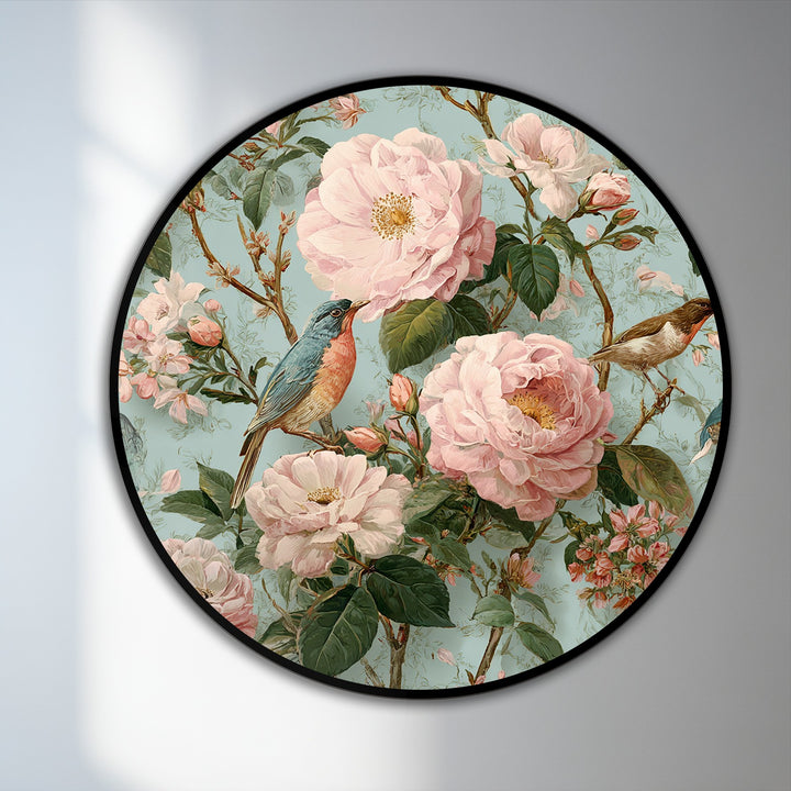 The realistic detail showcases the Blossoming Garden with Songbirds round oil painting decoration, highlighting the delicate brushstrokes of each pink blossom and detailed feather.