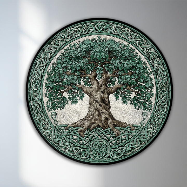 Foreground detail reveals the intricately woven knotwork border of this Celtic Tree of Life round oil painting reproduction print, adding a unique character.