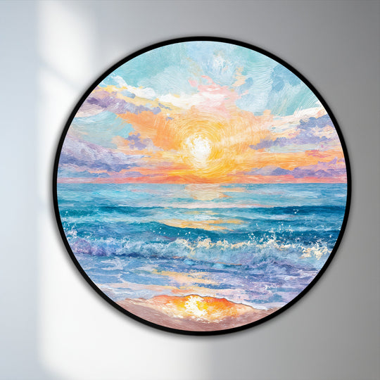 Highlighting the layering effect, this round oil painting reproduction print shows a golden sun and colorful sky above the tranquil sea with gentle waves.