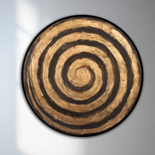 Highlighting the layering effect, this round wooden oil painting art presents golden ripples in an abstract spiral for a unique modern oil painting art statement.