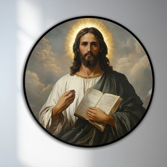 Halo's ethereal glow and the subtle turning of pages imbue this sacred light – divine wisdom portrait with a palpable sense of dynamic spiritual oil painting decoration.