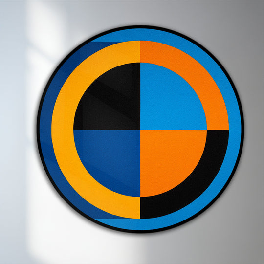 Showcasing depth and layers, this bold geometric oil painting wall art features concentric circles and quadrants in contrasting hues, creating a visually captivating piece.