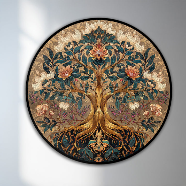 Highlighting the layering effect, the round oil painting decoration showcases an ornamental tree with interwoven golden branches and detailed floral elements.
