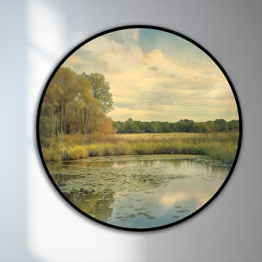 Gentle gradations define the tranquil landscape oil painting decoration, where golden meadow reflections subtly shift in tone across the round canvas.