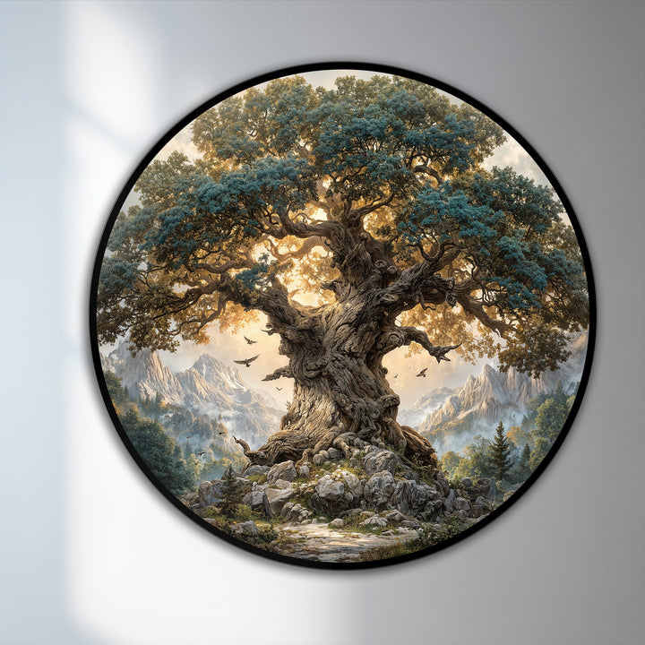 Layering effect evident in this round oil painting home decor as the majestic ancient mountain oak is set against a softly focused mountain range landscape.