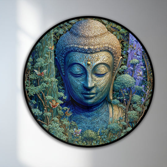 Soft, glowing hues highlight the serene face in this round 'Forest Tranquility' emerald Buddha oil painting artwork, nestled among the lush details.