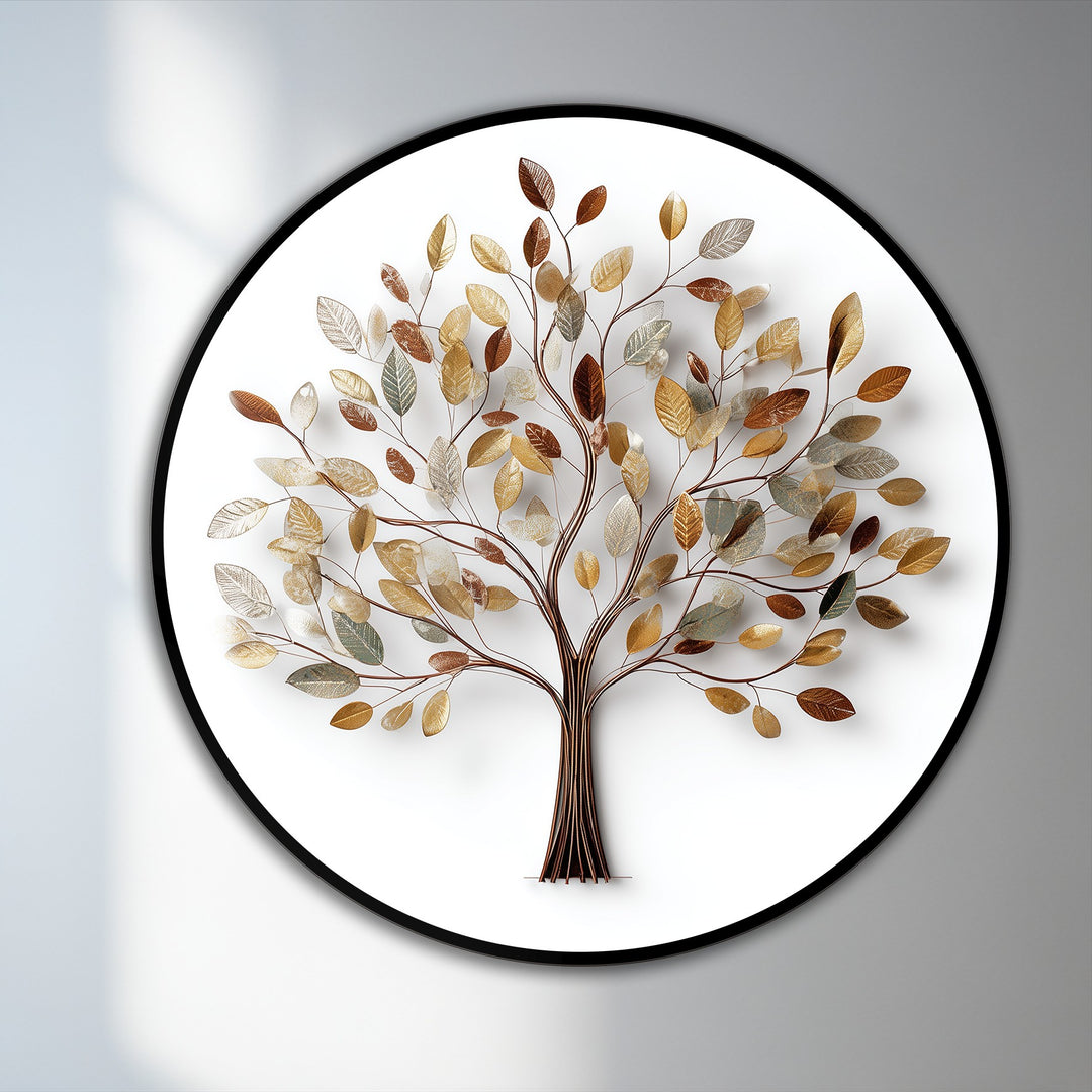 Negative space defines the botanical design of this round oil painting artwork depicting a golden leaf tree with an elegant and minimalist feel.
