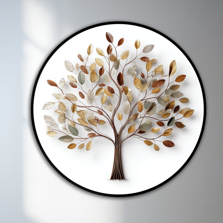 Negative space defines the botanical design of this round oil painting artwork depicting a golden leaf tree with an elegant and minimalist feel.